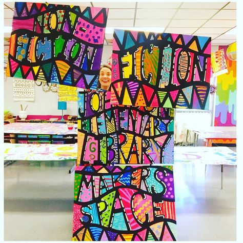 Amazing Library Art from,  Art Teacher Cassie Stephens Student created art/collab art for class/school/libraries Field Day Activities, Collaborative Mural, Classe D'art, Cassie Stephens, Collaborative Art Projects, School Murals, Collaborative Art, Field Day, Art Station