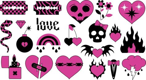 Black And Pink Kawaii, Pink And Black Emo Aesthetic, Emo Pink Aesthetic, Black And Pink Stickers, Emo Illustration, Emo Doodles, Punk Doodles, Emo Design, Yami Kawaii Stickers