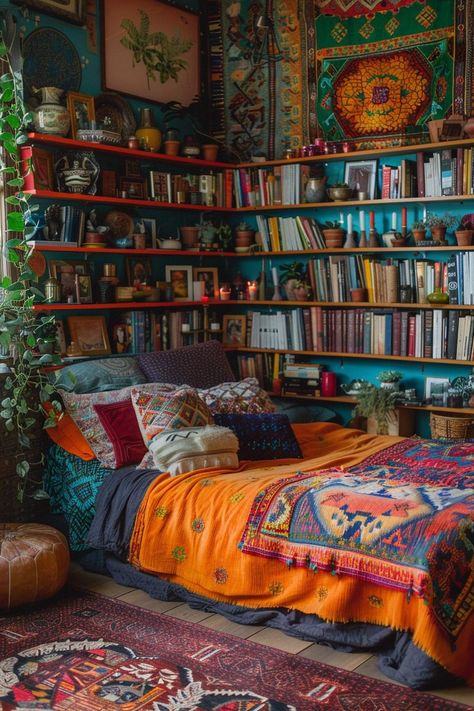 Boho Bedroom Storage, Cozy Libraries, Organized Bedroom, Urban Bedroom, Bohemian Bedroom Design, Boho Bedroom Colorful, Vibrant Patterns, Shelving Units, Bohemian Bedroom