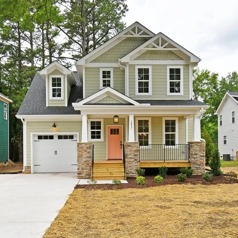 Crozet Farmhouse - Traditional - Exterior - Other - by Sage Designs | Houzz Green House Exterior With Stone, Sage Green House Exterior With Stone, Sage Green Exterior, Sage Green House Exterior, Sage Green House, Green House Exterior, Green Exterior, Farmhouse Traditional, Traditional Exterior