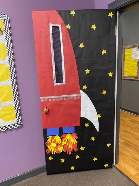 Space Themed School Door, Rocket Ship Classroom Door Space Theme, Space Themed Reading Bulletin Boards, Blast Off Decorations, Astronaut Door Decoration, Reach For The Stars Door Decoration, Space Themed Room Decor, Space Decorations Classroom, Rocket Decorations Space Theme