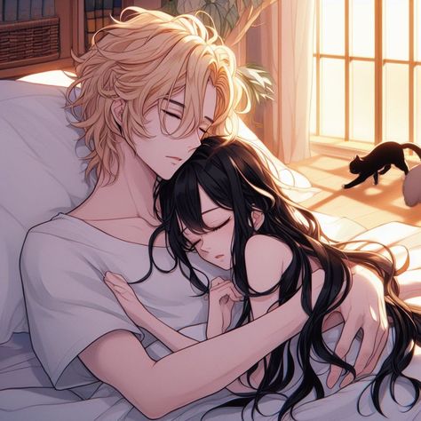 #anime #romantic #cat #coupleromantic #sleeping #peaceful #love Bed Hug Anime Couple, Anime Cuddles Sleeping, Sleeping Character Pose, Couple Bed Reference, Sleeping Anime Couple, Couple Sleeping Reference, Sleep Hug Love Couple, Sleep Couple Romantic, Cupple Cuddles