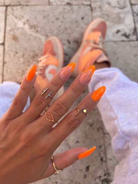 Neon Orange Nails, Orange Acrylic Nails, Orange Nail, August Nails, May Nails, Almond Acrylic Nails, Vacation Nails, Festival Nails, Summer Acrylic Nails