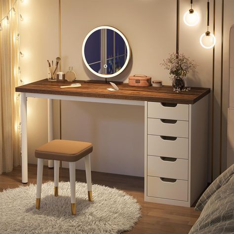 15 Space Saving Art Studio Ideas for Small Spaces - GoTinySpace Desk/vanity Combo, Brown Home Office, Office Desk With Storage, Modern Dressing Table Designs, Simple Computer Desk, Dressing Table Storage, Modern Computer Desk, Dressing Table Design, Desk With Storage