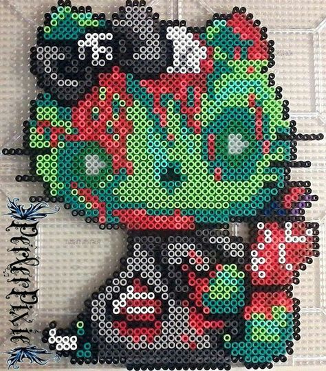 Hello kitty zombie Zombie Hello Kitty Perler, Goth Perler Bead Patterns, Edc Perler, Yoshi Eggs, Hello Kitty Zombie, Zombie Hello Kitty, Perler Projects, Perler Creations, Melty Bead Patterns