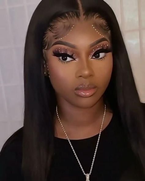 Makeup Look With Rhinestones Black Women, Prom Inspiration Makeup, Black Women Birthday Makeup Looks, Dramatic Glam Makeup Black Women, Prom Makeup Looks With Rhinestones, Natural Beat With Rhinestones, White Eyeliner Makeup Looks Black Women, Birthday Makeup For Black Women Glitter, Prom Makeup Rose Gold