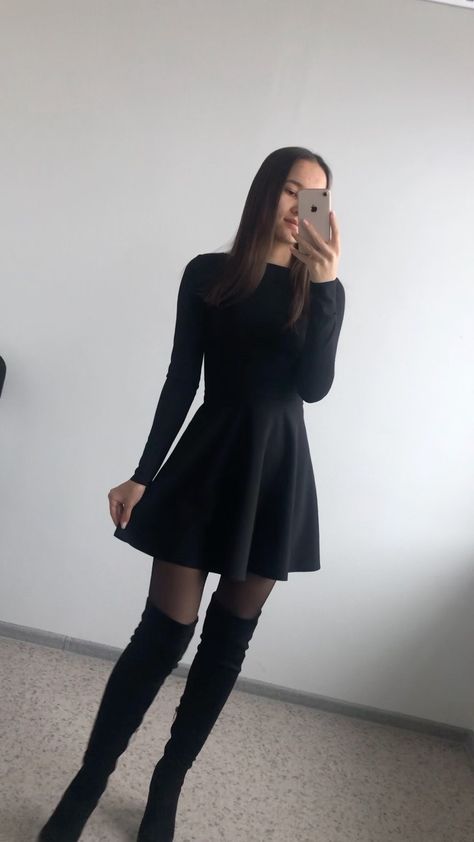 Black Dress And Tights Outfit Winter, Lbd Outfit Winter, Shiny Tights Outfit, Dress Tights And Boots Outfit, Black Dress And Tights Outfit, Short Dress With Stockings Outfit, Black Suede Boots Outfit, Rocky Outfits, Dress With Stockings Outfit