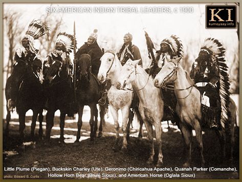 SIX 19TH CENTURY NATIVE AMERICAN LEADERS ON HORSEBACK (l-r) — Little Plume (Piegan), Buckskin Charley (Ute), Geronimo (Chiricahua Apache), Quanah Parker (Comanche), Hollow Horn Bear (Brulé Sioux), and American Horse (Oglala Sioux). Photo: Edward S. Curtis, circa 1900. Indian Leaders, Quanah Parker, American Indian History, Native American Chief, Native American Photos, Native American Heritage, Indian Chief, Native American Tribes, Native American History