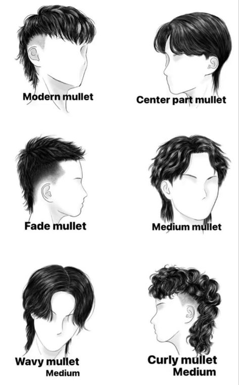 Mullet Hairstyle Mens Drawing, Type Of Haircut Men, Mulet Hair Styles For Men, Mullet Outfits Men, Anime Haircut Men, Mullet Lungo Uomo, Medium Long Hairstyles Men, Curly Mullet Drawing, Haircut For Men Mullet