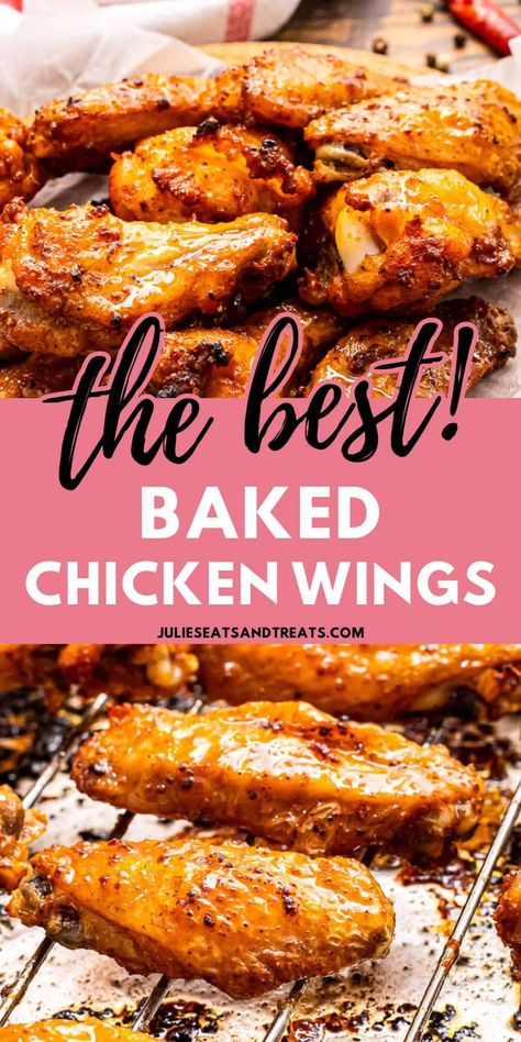 Baked Chicken Wings that are crispy with the best seasonings! These easy chicken wings are juicy, tender and the perfect appetizer or make a great finger food for dinner! It's an easy chicken wing recipe that's fail-proof every single time. Finger Food For Dinner, Bruschetta Board, Best Baked Chicken Wings, Baked Chicken Wings Recipe, Chicken Wing Seasoning, The Best Baked Chicken, Oven Chicken Wings, Wings Recipe Baked, Best Baked Chicken