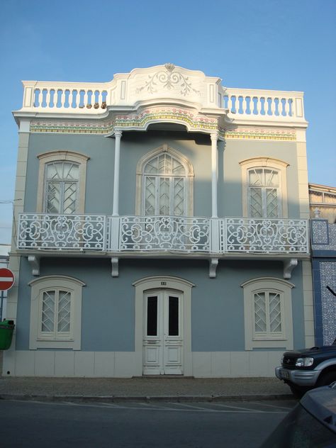 Grey House White Ironworked Windows - Tavira, Portugal Tavira Portugal, Gray House Exterior, Grey House, Japan Home, Classic House Exterior, House White, House Gate Design, Grey Houses, Casa Vintage