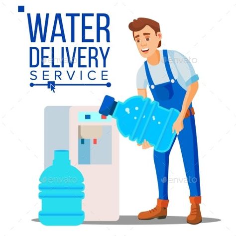 Water Delivery Service Man Vector by pikepicture | GraphicRiver Water Delivery Service, Water Bottle Storage, Mineral Water Bottle, Air Mineral, Water Station, Boys Posters, Water Company, Agua Mineral, Water Delivery