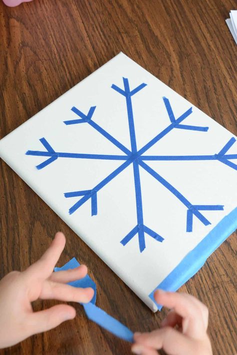 Unique and Easy Snowflake Canvas Painting For Kids - Crafty Art Ideas Christmas Art Canvas Kids, Kid Christmas Canvas Painting, Snowflake Pictures Free Printables, Holiday Canvas Painting Ideas Easy, Simple Christmas Paintings For Kids, Small Canvas Christmas Crafts For Kids, Snowflake Painting For Kids, Winter Canvas Painting Ideas Kids, Kids Christmas Canvas Ideas