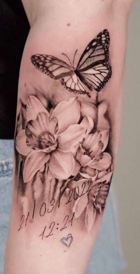 Butterfly With Daffodil Tattoo, Daffodil And Lilac Tattoo, Daffodil Memorial Tattoo, Dafadills Tattoo Design, Daisy And Daffodil Tattoo, Daffodil Tattoo Sleeve, Memorial Sleeve Tattoos, Rose And Daffodil Tattoo, Memorial Flower Tattoo