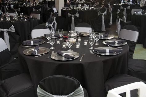 Black and Silver Table Decorations | Wedding Items For Sale - Tablecloths, Silver Chargers, Candle Holders ... Silver Table Decorations, Silver Table Decor, Silver Plate Decor, White Table Decorations, Silver Wedding Centerpieces, Black And White Party Decorations, Silver Charger Plates, Black Party Decorations, Silver Party Decorations