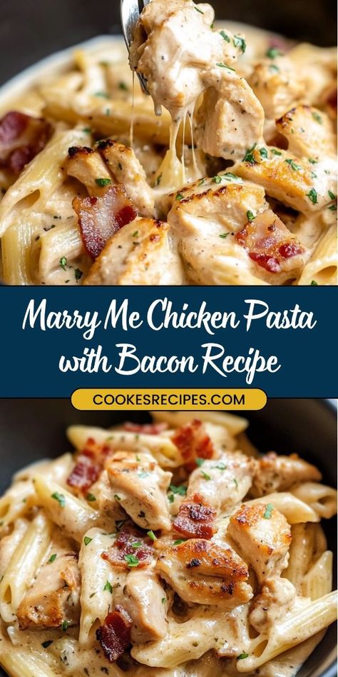 Marry Me Chicken Pasta with Bacon Recipe | CookesRecipes Chicken Pasta With Bacon, Chicken Breast Pasta, Chicken Bacon Recipes, Marry Me Chicken Pasta, Bacon Pasta Recipes, Pasta With Bacon, Chicken Penne Pasta, Bacon Dinner, Bacon Ranch Pasta