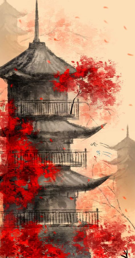 Kazuha Watercolor, Chinese Temple Drawing, Botanical Art Drawing, Japanese Art Modern, Watercolor House Painting, Pixel Art Background, Japan Painting, Art Chinois, Chinese Art Painting