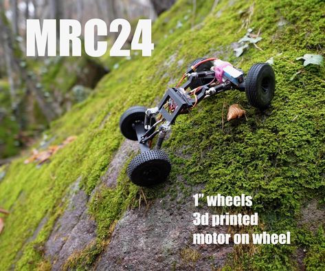 MRC24 - 3d Printed Micro RC Rock Crawler: MRC24 is a micro RC Rock Crawler in approx. 1/24 scale using small hub motors to directly drive all wheels. It's a fun toy to climb slowly rocks and terrain.   All main parts are 3d printed: chassis, front and rear axle. However, you will need additi… Micro Rc Cars, Rc Crawler Course, Micro Rc, Obstacle Courses, Rc Rock Crawler, Modern Bookcase, Model Hobbies, Solar Generator, Rock Crawler