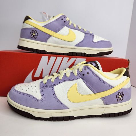 Nike Dunk Low Premium Size 8.5 Women Lilac Bloom/Soft Yellow-Sail Sku: Fb7910-500 100% Authentic Brand New With Box Any Questions? Make Sure To Ask Price Firm Yellow And Purple Outfit, Dunks Yellow, Farewell Outfits, Nike Track Shoes, Nike Air Max White, Pretty Sneakers, Yellow Nikes, White Tennis Shoes, Pretty Shoes Sneakers