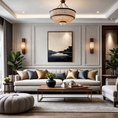 Elegant living room with a beige sofa, assorted pillows, a modern chandelier, wall art, and lush green plants. Classic Modern Interior, Colonial Chic, Colonial Interior Design, Living Room Classic, Colonial Interior, تصميم داخلي فاخر, Chic Interior Design, Classic Living Room, Classic Interior Design