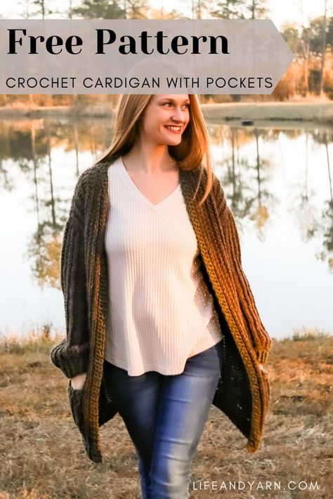 Make this cozy DIY Crochet Project using this Free Crochet Sweater Cardigan on the Life and Yarn Blog Now! Crochet Cardigan With Pockets, Duster Pattern, Easy Beginner Crochet Patterns, Crochet Apparel, Crocheted Clothes, Crochet Cardigan Free, Crochet Sweater Dress, Crochet Cardigan Pattern Free, Crochet Wearables