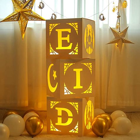 Eid Ramadan Decorations - 3pcs Mubarak Eid Hollow Boxes with Lights,Eid Mubarak Decorations for Home, DIY Eid Decorative Boxes for Eid al-Fitr and al-Adha Decor, Muslim Islamic Party Supplies Eid Ul Fitr Decorations, Diy Eid Decorations, Eid Moubarak, Eid Balloons, Eid Abaya, Celebration Photography, Eid Boxes, Eid Celebrations, Eid Celebration