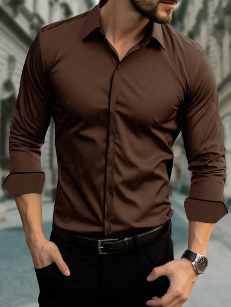 Brown Casual Collar Long Sleeve Fabric Plain Shirt Embellished Slight Stretch  Men Clothing Formal Dresses For Men, Mens Smart Casual Outfits, Stylish Shirts Men, Mens Business Casual Outfits, Shirt Outfit Men, Classy Outfits Men, Formal Men Outfit, Smart Casual Men, Men Fashion Casual Shirts