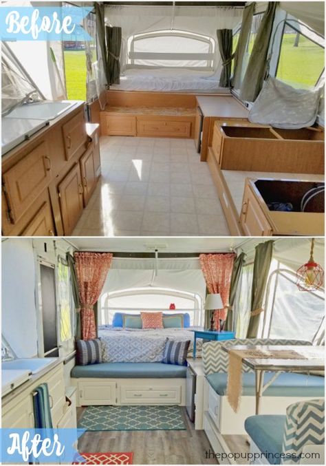 Gorgeous tent trailer remodel.  What a difference paint and fabric can make! Tent Trailer Remodel, Popup Camper Remodel, Pop Up Tent Trailer, Camper Remodeling, Vintage Camper Interior, Pop Up Trailer, Camper Hacks, Kombi Home, Travel Trailer Remodel