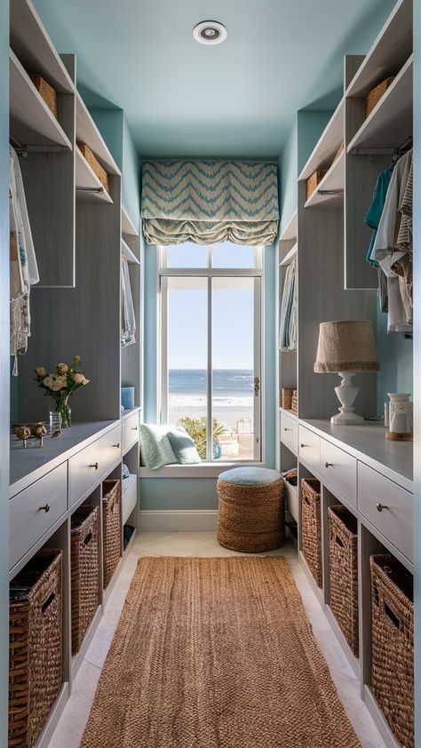 20 Inspiring Ideas to Creating the Perfect Coastal Blue Bedroom — Coastal Cottage by Celeste Beach House Closet, Coastal Blue Bedroom, Coastal Closet, Beach House Storage, Beach Closet, Home Redesign, House Closet, Window Treatments Sheer, Bedroom Coastal