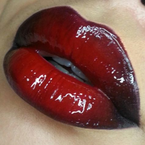 Red lips lipgloss glossy biglips ombre ombrelips Red And Black Lipstick Ombre, Red Gloss Eye Makeup, Dark Red Ombre Lips, Black And Red Ombre Lip, Red Ombré Lip, Red Black Lip Combo, Black Red Lips, Dark Red Glossy Lips, Red And Black Lip Combo