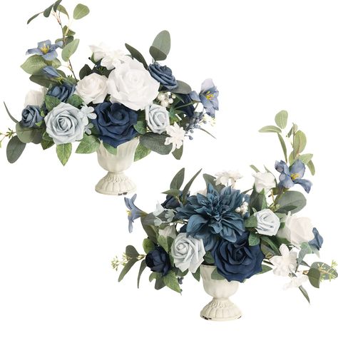 PRICES MAY VARY. Package: Set of 2 pre-made flower centerpieces. Arrangements come with vases. Size: each centerpiece measures approx. 11.5" wide by 9" high (the floral 4.5"high, the vase 4.5") Material: The centerpiece is a merge of beautiful foam/silk flowers, a variety of greeneries, and filler flowers. Semi-cactus dahlia，Ipomoea, consolida ajacis, hydrangea, blueberrie，and pearl pick accent the centerpiece for a soft and romantic feel. Rustic metal vase: The centerpiece floral comes in the m Goth Wedding Table, Artificial Flowers In Vase, Flower Pot Centerpiece, Desk Flowers, Centerpiece Flower, Artificial Bouquet, Artificial Peonies, Silk Plants, Flower Packaging