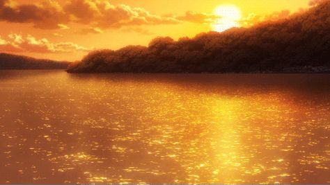 ☆**this is an animated gif~ please click to see the animation!** glowing sunset over a serene lake anime scenery, sparkling water reflection under the setting sun, beautiful realistic animation anime scenery gif Anime Landscape Gif, Aesthetic Anime Gifs, Orange Gif, Scenery Gif, Landscape Gif, Yellow Gif, Sun Gif, Sunset Gif, Orange Banner