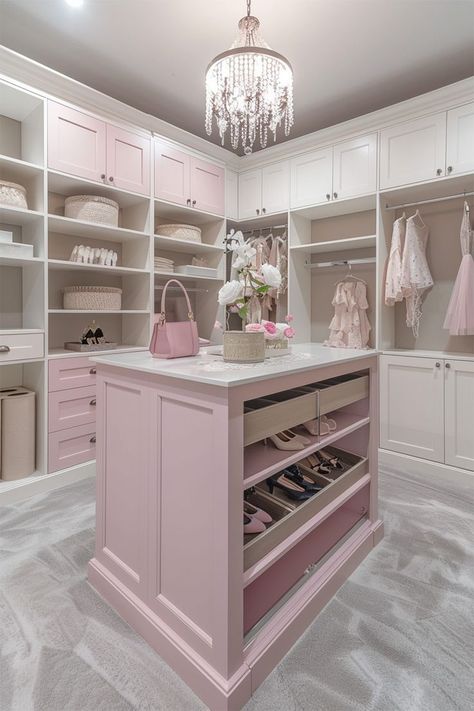 Chic and Feminine Walk-In Closet • Organize in style with this beautifully designed walk-in closet featuring soft pink and white cabinetry. • Elegant chandelier adds a touch of glamour and sophistication. • Central island with pull-out drawers provides perfect storage for shoes and accessories. • Ample shelving and hanging space keep everything neat and accessible. • Decorative baskets and fresh flowers enhance the feminine charm of this stylish space. Girly Walk In Closet, Pink Girly Aesthetic, Storage For Shoes, Girly Decor, Classy Bedroom, Dream Apartment Decor, Aesthetic Home Decor, Closet Remodel, Decorative Baskets