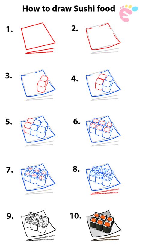 How To Draw Sushi Step By Step, Drawing Of Sushi, Noodles Drawing Easy, How To Draw Anime Food, How To Draw Sushi, How To Draw A Plate, Sushi Art Drawing, How To Draw Food Step By Step, Sushi Drawing Easy