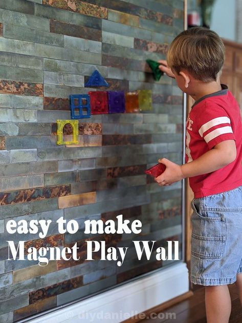 How to create a DIY Feature wall with metal tiles. These tiles are magnetic so they’re perfect for hanging kid’s art in the kitchen! Simple Diy Feature Wall, Magnetic Backsplash Kitchen, How To Make A Magnetic Wall, Magnet Wall Kitchen, Magnetic Wall Ideas Kitchen, Magnetic Wall Paint, Magnet Wall Playroom, Diy Magnet Wall, Magnetic Paint Ideas