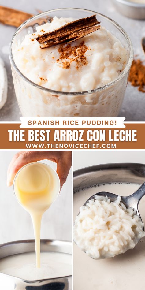 Classic Arroz Con Leche is an indulgently creamy homemade dessert that comes together on the stovetop with ease! Serve this sweet, tres-leches-style treat warm or cold, lightly dusted with ground cinnamon. Spanish Rice Pudding, Everyday Snacks, Mexican Rice Pudding, Pudding Homemade, Atole Recipe, Bolivian Food, Flan Dessert, The Novice Chef, Novice Chef