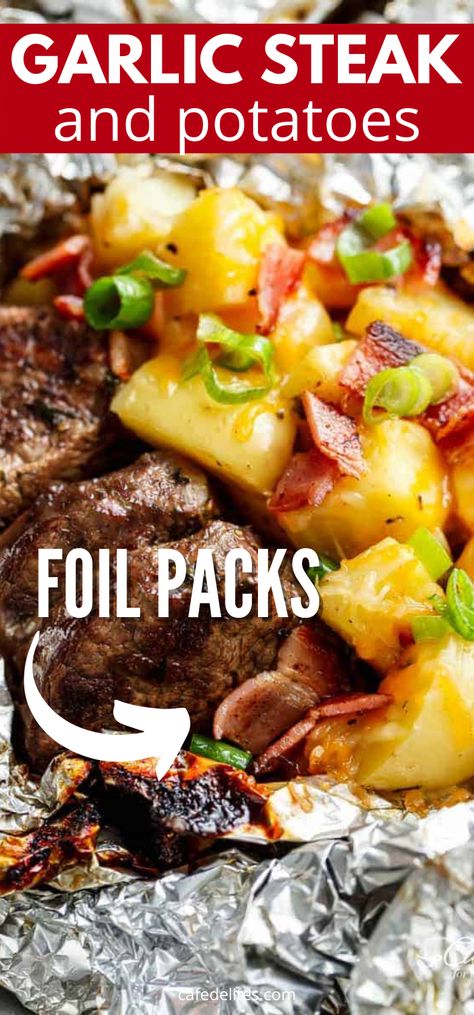 Easy Camping Food, Cheesy Bacon Potatoes, Foil Packet Potatoes, Foil Pack Dinners, Garlic Steak, Foil Pack Meals, Steak Potatoes, Foil Dinners, Foil Packs