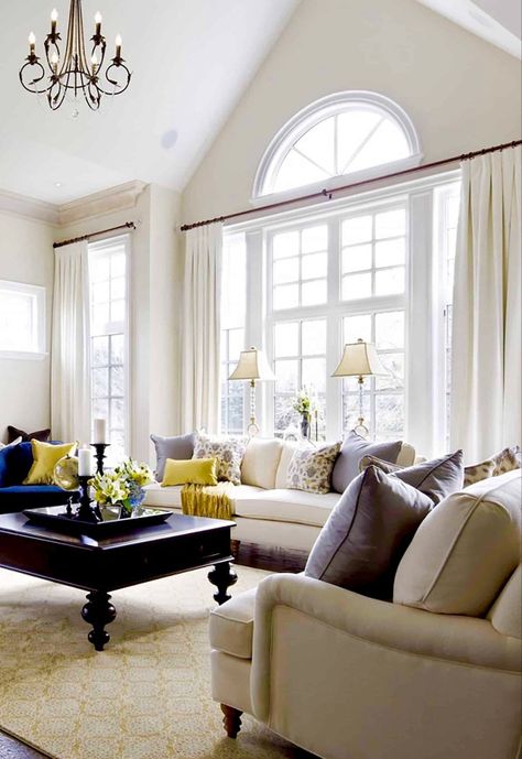 Arched Window Treatments, Window Treatments Living Room, Arched Windows, Cathedral Ceiling, Vaulted Ceiling, Coastal Decor, Kitchen Living, Summer House, Future House