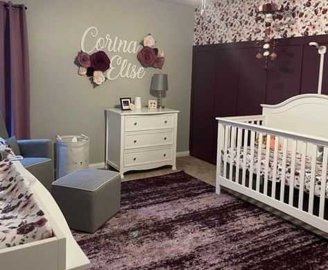 Purple And Black Nursery, Deep Purple Nursery, Dark Purple Nursery Ideas, Dark Purple Nursery, Dusty Purple Nursery, Purple And Pink Nursery, Purple Nursery Ideas, Plum Accent Wall, Purple Toddler Room