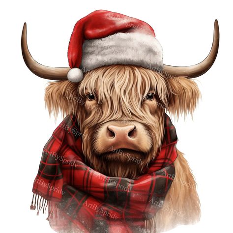 Christmas Highland Cow, Cow Illustration, Cow Clipart, Cow Png, Christmas Clipart, Christmas Watercolor, Highland Cow, Drawing And Illustration, Digital Paper