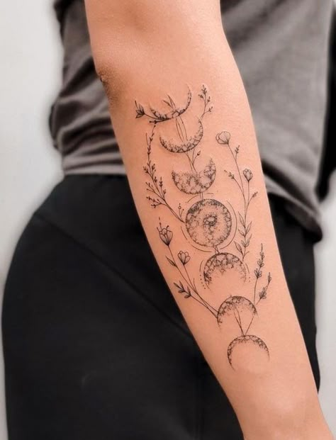 Tattoos With The Moon, Wild Women Tattoo Ideas, When The Sun Shines We'll Shine Together Tattoo, Moon And Vines Tattoo, Feminine Celestial Tattoo, Forearm Moon Tattoo Women, Moon Phase Floral Tattoo, Arm Moon Tattoos For Women, Moon Garden Tattoo