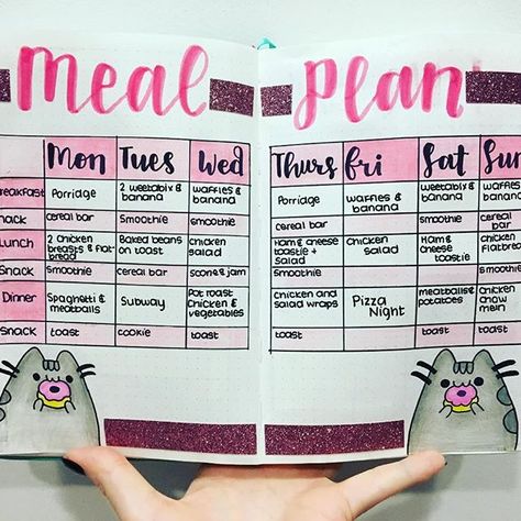 Bullet journal meal plan! I have a pusheen theme for this week can you tell? I used crayola supertips for the calligraphy, crayola pencils to colour in the meal plan and pusheens and my handwriting I use papermate flair :) . . . . . . . #mealplan #mealplanning #bulletjournal #bulletjournaling #bujo #bujomealplan #bulletjournalmealplan Bullet Journal Meal Planning, Bullet Journal Meal Plan, Crayola Pencils, How To Bullet Journal, Crayola Supertips, Plan Book, Bullet Journal Notebook, Dot Journals, Bullet Journal Writing