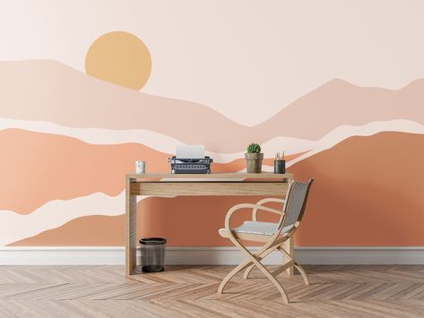 Peel and Stick Boho Sun Mountains Peel and Stick Wallpaper - Etsy Cactus Wallpaper, Watercolor Sky, Bedroom Murals, Photo Mural, Boho Wallpaper, Orange Sunset, Desert Cactus, Kids Room Wallpaper, Desert Landscape