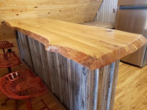 Beechwood Live Edge bar top. Live Edge Bar Top With Epoxy, Bar Tops Diy, Bar Top Ideas, Diy Wood Bar, Wooden Bar Top, Live Edge Bar Top, Rustic Basement Bar, Wood Bar Top, Live Edge Bar