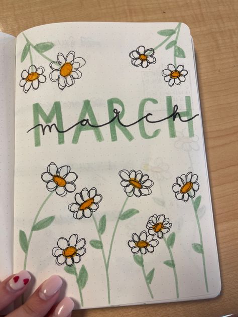 flower bullet journal title page Flower Notes Ideas, Notebook Title Page Ideas School, Planer March, Aesthetic Title Page Ideas, March Diary Ideas, May Title Page Bullet Journal, Title Journal Ideas, Journal Design Ideas Notebooks, Cute Title Page Ideas