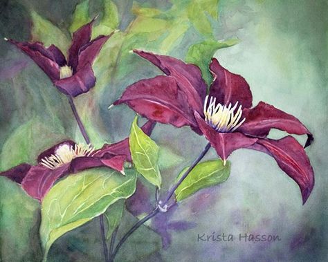 Below I have shared a watercolor demo of how I went about creating this painting of clematis flowers. watercolor tutorial Watercolor Negative Painting, Water Paintings, Master Watercolor, Purple Clematis, Clematis Flower, Watercolor Tutorial, Watercolor Red, Watercolor Paintings Easy, Flowers Watercolor