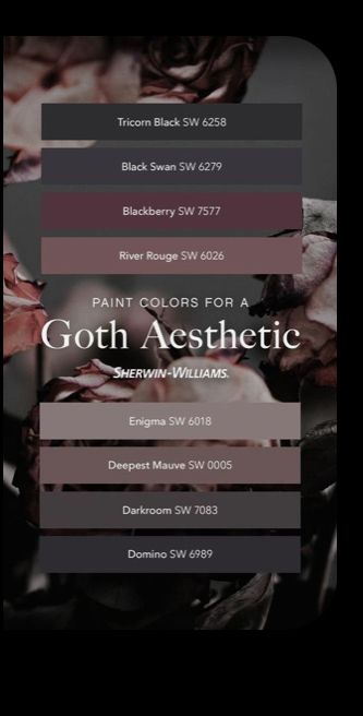 Colorful Goth Home Decor, Dark And Moody Color Palette Home, Color Palette For Grey Walls, Pastel Goth Living Room Ideas, Witchy Boho Color Palette, Witchy Home Paint Colors, Goth She Shed Ideas, Moody Victorian Paint Colors, Soft Goth Autumn Bedroom