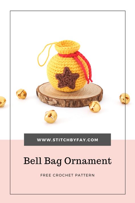 Celebrate your love of Animal Crossing with this quick and easy bell bag ornament pattern. Perfect if you prefer non-traditional Christmas decorations. Bell Bag Crochet Pattern Free, Animal Crossing Crochet Bell Bag, Animal Crossing Money Bag Crochet, Crochet Animal Crossing Bell Bag, Animal Crossing Bell Bag Crochet, Crochet Animal Crossing Pattern Free, Crochet Bell Bag, Bell Bag Crochet, Animal Crossing Crochet Patterns