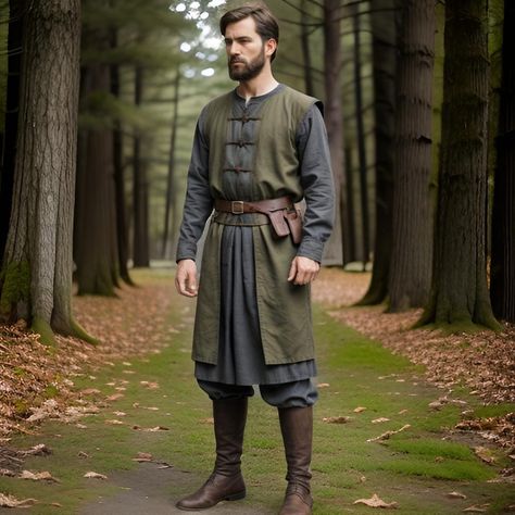 This historical reenactment tunic is perfect for medieval warrior enthusiasts and is extremely comfortable to wear in themed events such as cosplay. This set includes a strong green shirt with a dense gray undershirt, which will make you look like real Vikings and knights of the Middle Ages. As for the tunic, it is decorated with typical toggle fastening and the genuine leather belt with pouches to make the image of a real warrior. perfect for a day at the Ren faire or on the battlefield of your favorite con. If you are planning for re-enactment, themed costume party, or if you're a fan of historical fashion, this set of warrior's attire is a great addition to your wardrobe. Medieval Villager Clothing, Mens Medieval Clothing, Ancient Clothing Men, Groomsmen Kilts, Viking Outfit Male, Viking Cosplay Men, Mens Ren Faire Outfit, Medieval Outfits Men, Viking Soldier