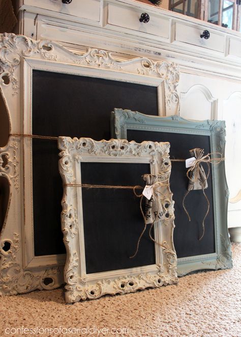 These fancy frames turned chalkboards are a great project to use up leftover chalk paint! Shabby Chic Decorating, Fun Room, Chalk Paint Projects, Old Picture Frames, Old Frames, Chalkboard Paint, Chalk Paint Furniture, March Madness, Shabby Chic Homes